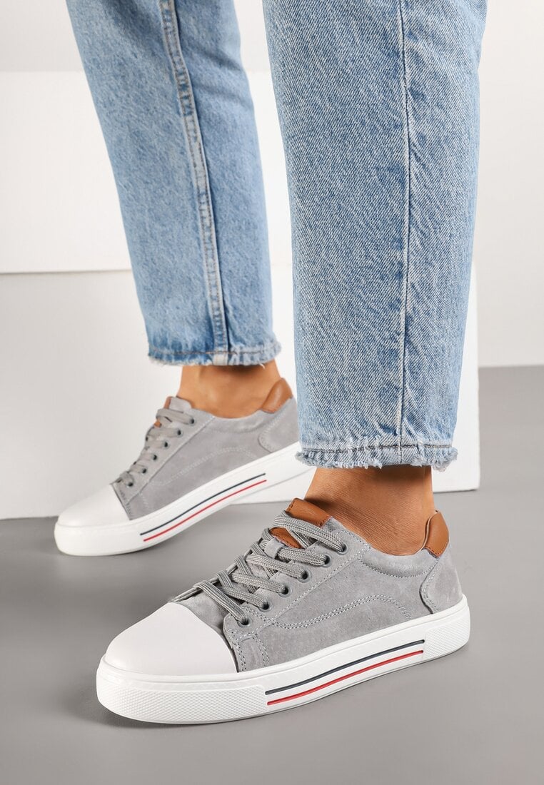 Szare Płaskie Trampki ze Skóry Naturalnej ze Skórzaną Wkładką i Ozdobnym Noskiem Milili