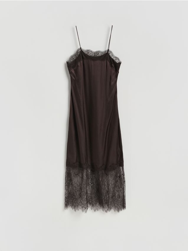 Reserved - Satynowa sukienka z koronką - ciemnobrązowy