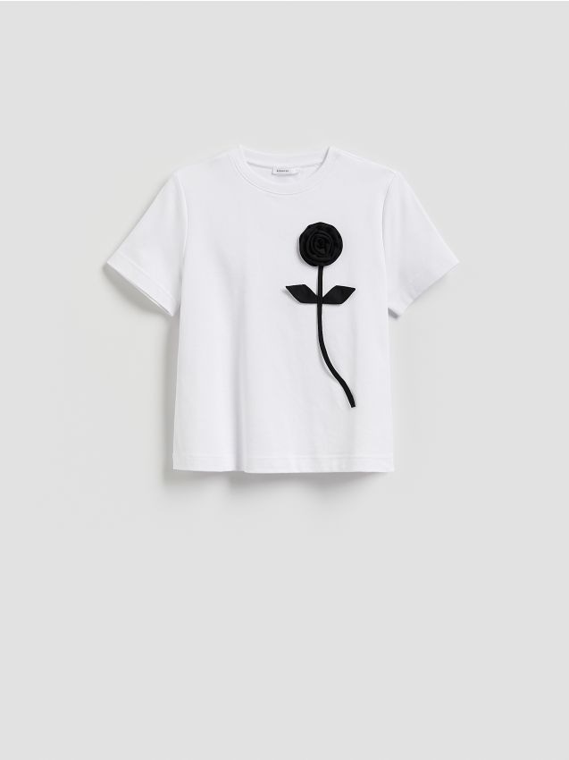 Reserved - T-shirt z kwiatową aplikacją - biały