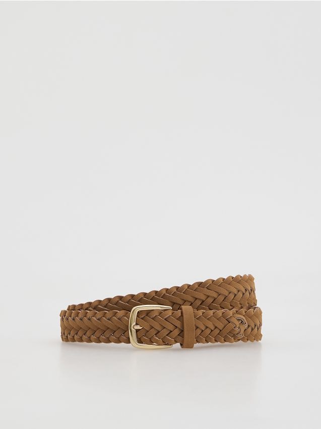 Reserved - Pleciony pasek z imitacji zamszu - brązowy