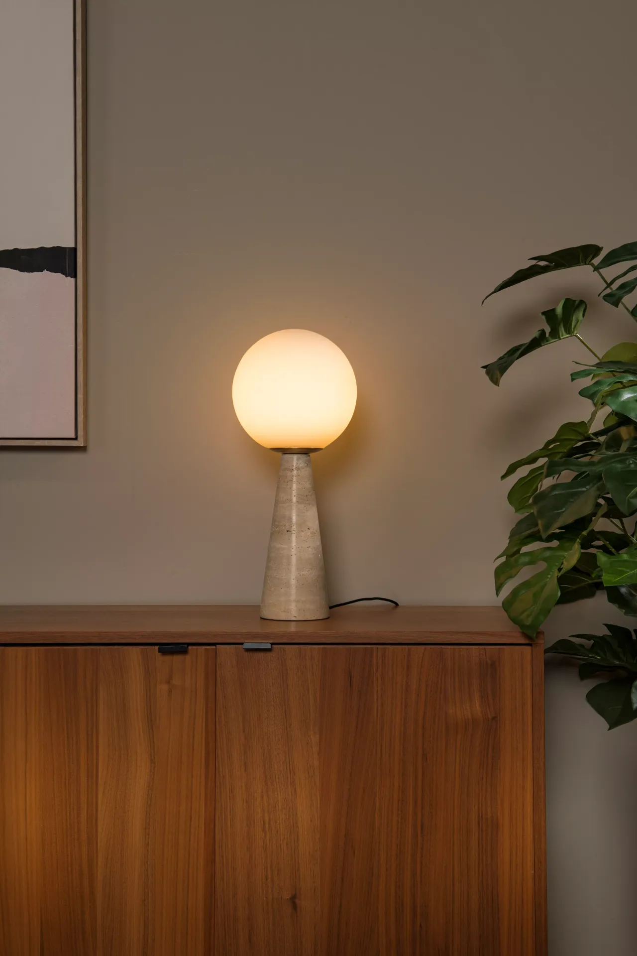 EVIN lampa stołowa 1xE27 podstawa stożek z trawertynu klosz szkło białe LUCIDE 05551/01/61