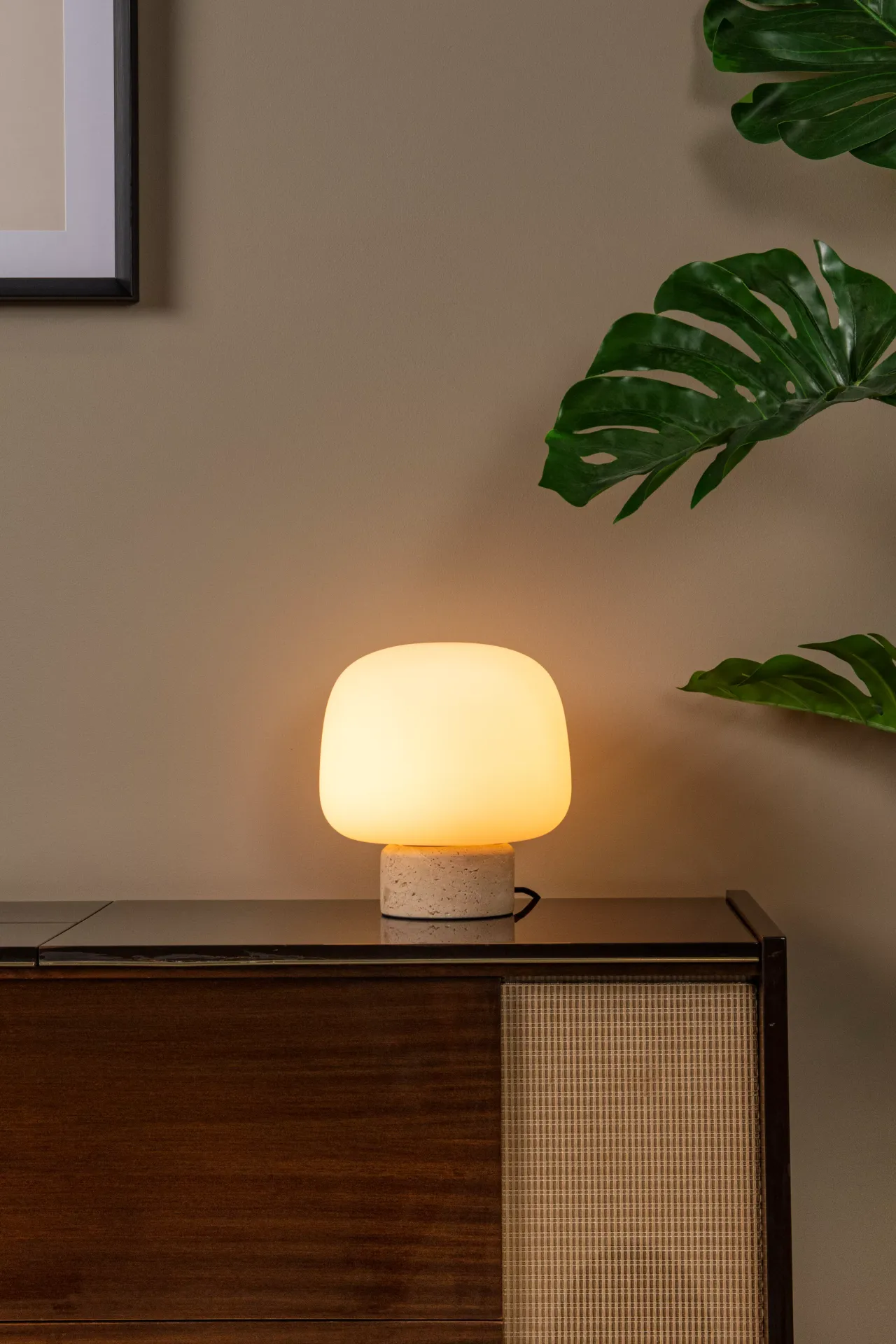 ANSTON lampa stołowa 1xE14 podstawa trawertyn klosz szkło białe LUCIDE 05552/01/61