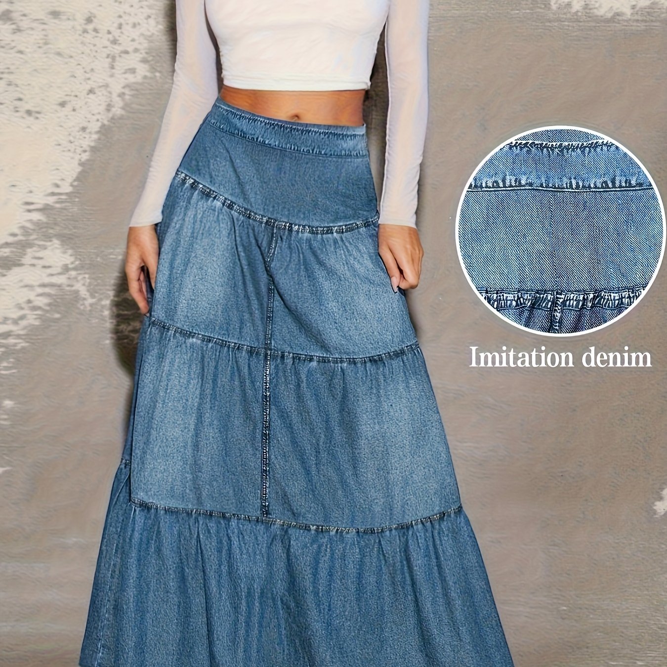 TEMU [Spódniczka z nadrukiem - Nie imitacja tkaniny denim] Modna spódniczka z nadrukiem imitującym denim 9043 (bez stylu kowbojskiego). + Nadruk