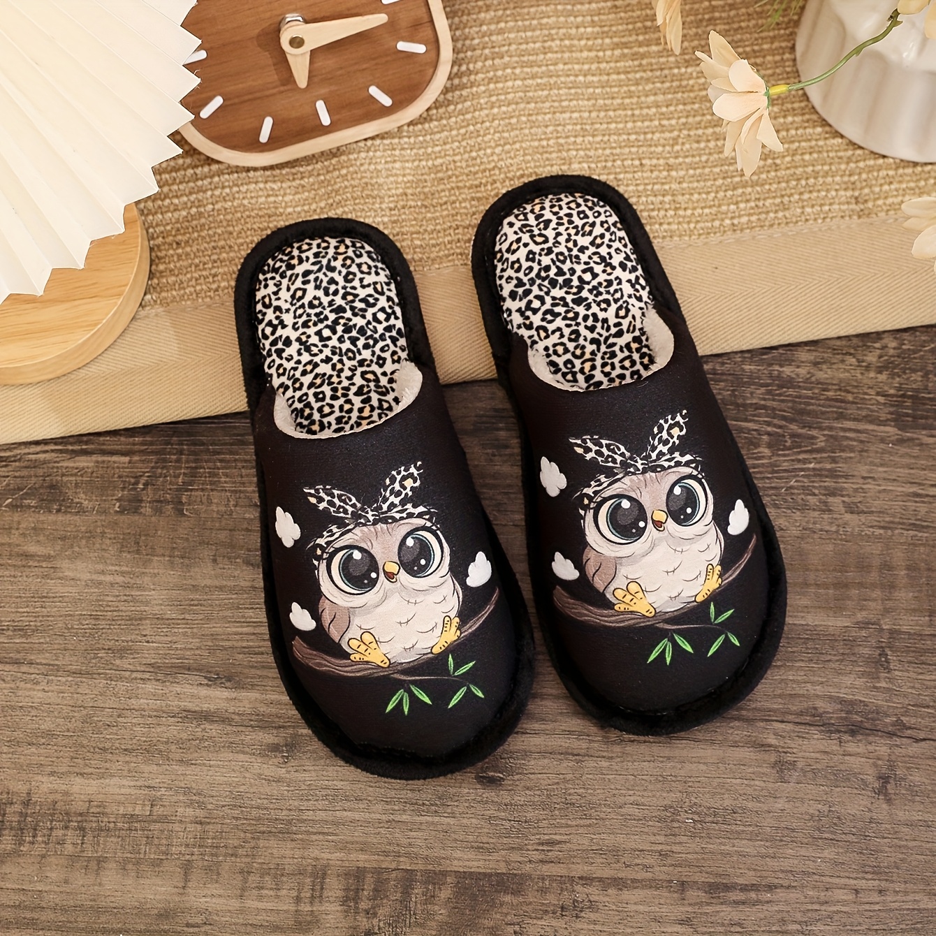TEMU Urocze i personalizowane kapcie domowe z motywem sowy z kreskówki, z elementami w panterkę, i wygodne, idealne do użytku domowego, buty damskie.
