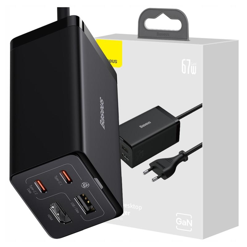 TEMU Ładowarka GaN5 Baseus CCGP110201 HDMI 2x USB-C, USB-A, HDMI 4K , kabel USB-C 100W 1m, czarna - szybkie ładowanie, mobilne zasilanie, do laptopów