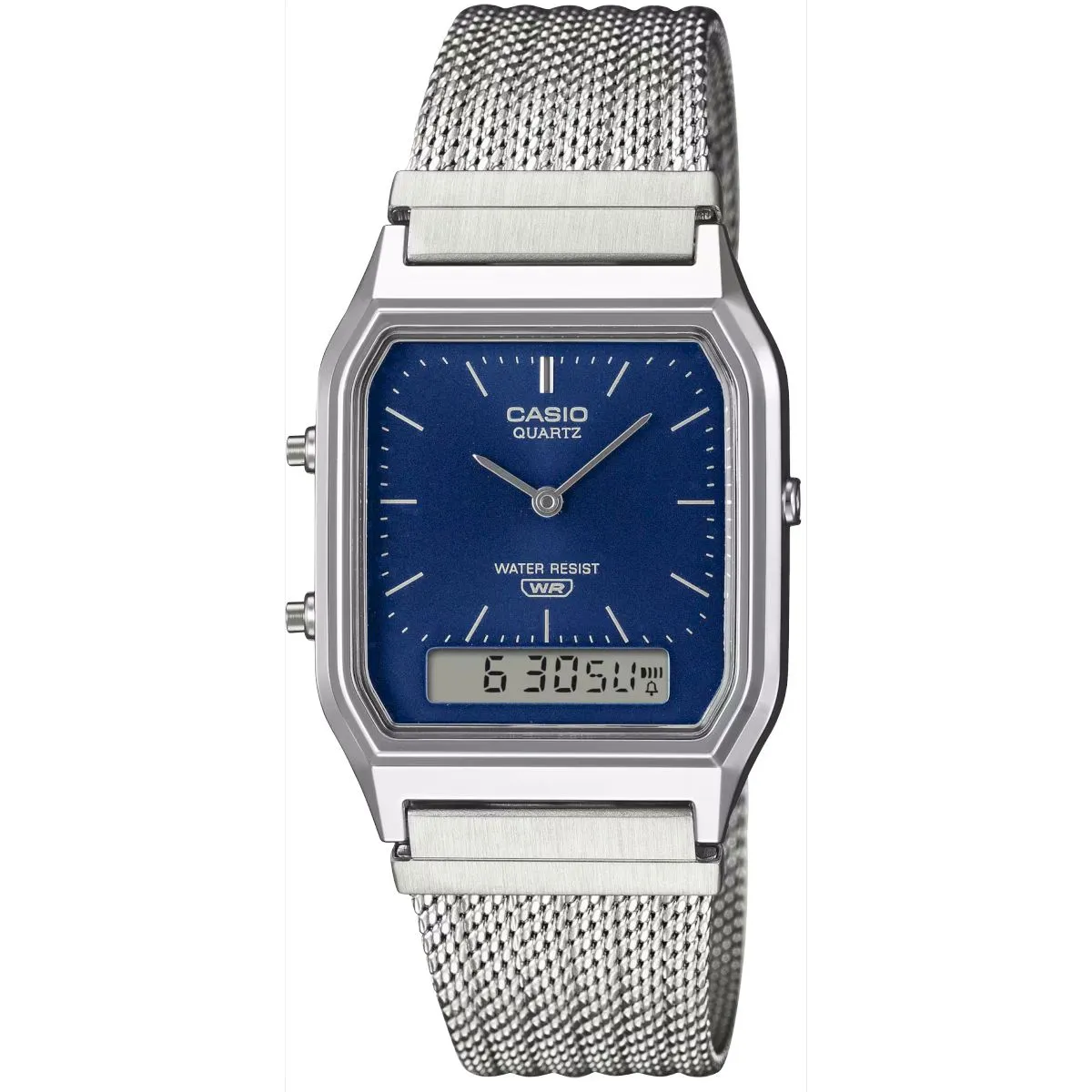 Casio Vintage srebrny zegarek w stylu retro z bransoletką i granatową tarczą AQ-230EM-2AEF