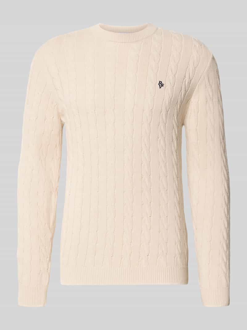 Sweter dzianinowy z warkoczowym wzorem i haftowanym logo