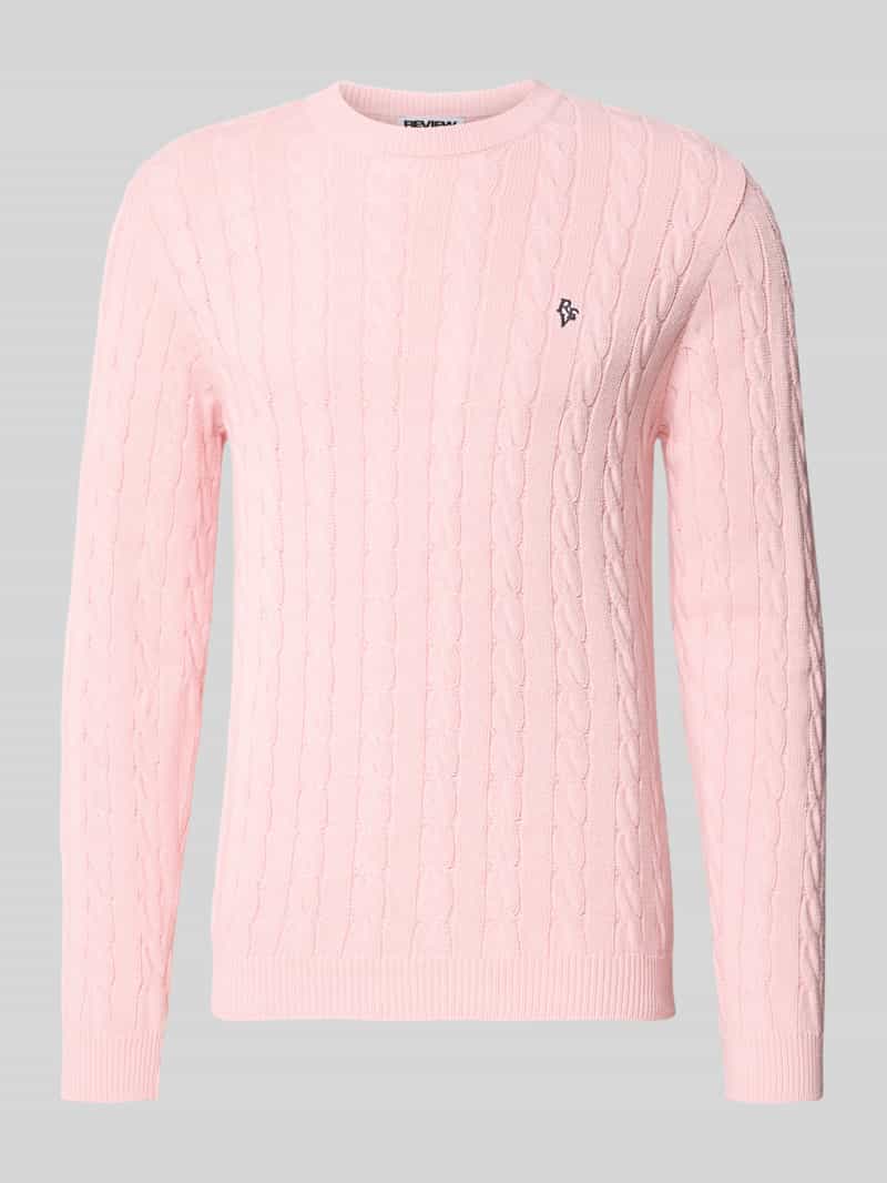 Sweter dzianinowy z warkoczowym wzorem i haftowanym logo