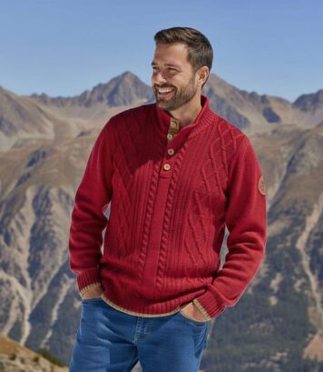 Dzianinowy sweter z warkoczami i kołnierzem na guziki Mountain Mężczyzna Atlas For Men - Kolor : Bordowy - Rozmiar : 4XL