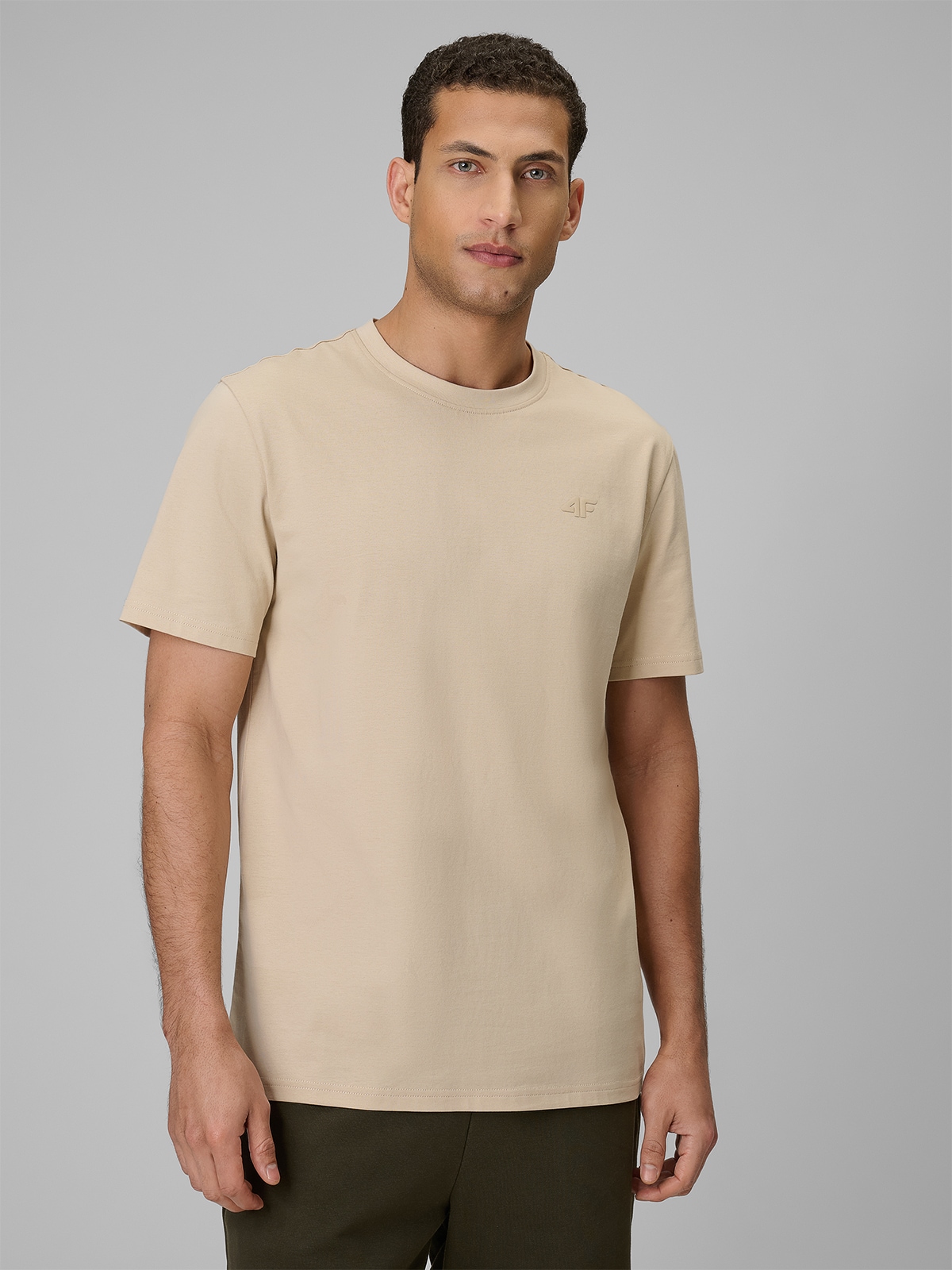 4F T-shirt regular gładki męski - beżowy XXL