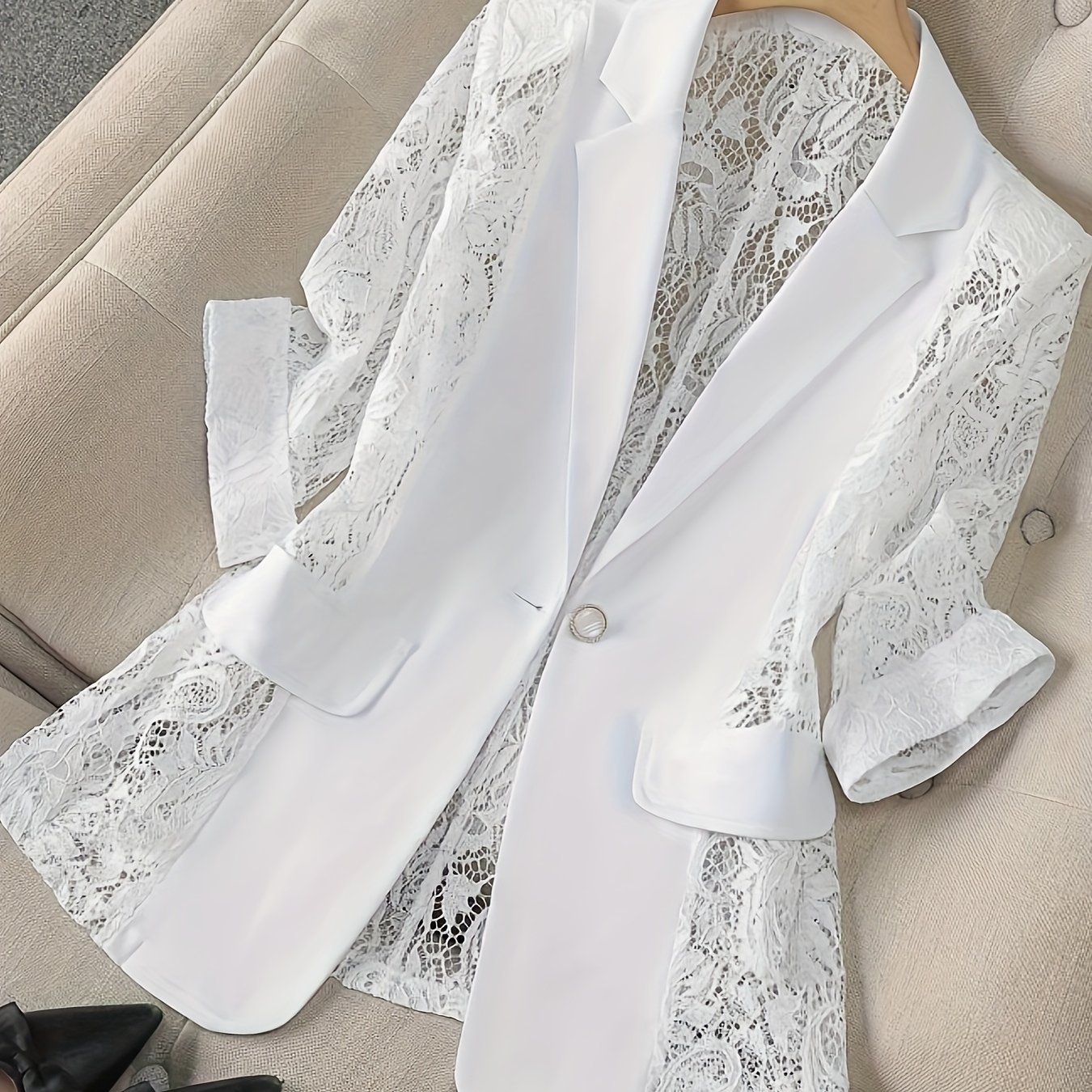TEMU Damski Przezroczysty Biały Blazer, Lekki Styl, Casual do Biura, Rękawy Trzy Czwarte, Mały Rozmiar