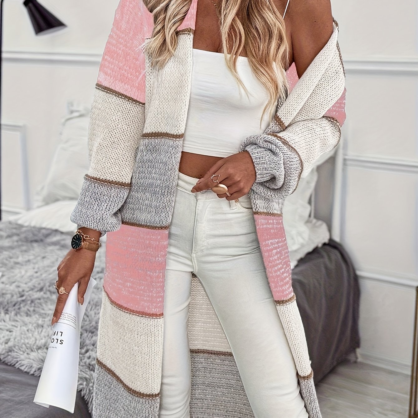 TEMU Damski wielokolorowy patchworkowy długi kardigan o luźnym kroju z dwiema kieszeniami, bluzka z długim rękawem LL265, poza sezonem