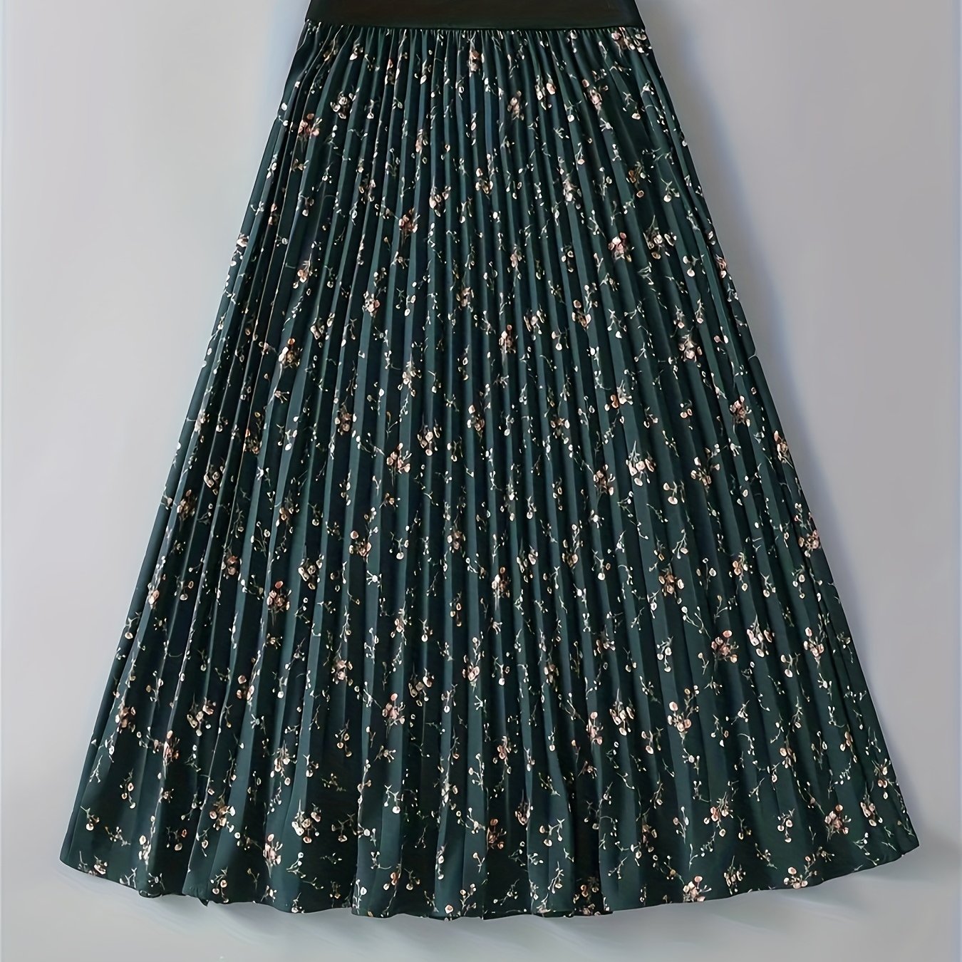 TEMU Elegancka plisowana spódnica damska z małym kwiatowym nadrukiem - głęboki turkus z różowymi kwiatami, można prać w pralce, materiał