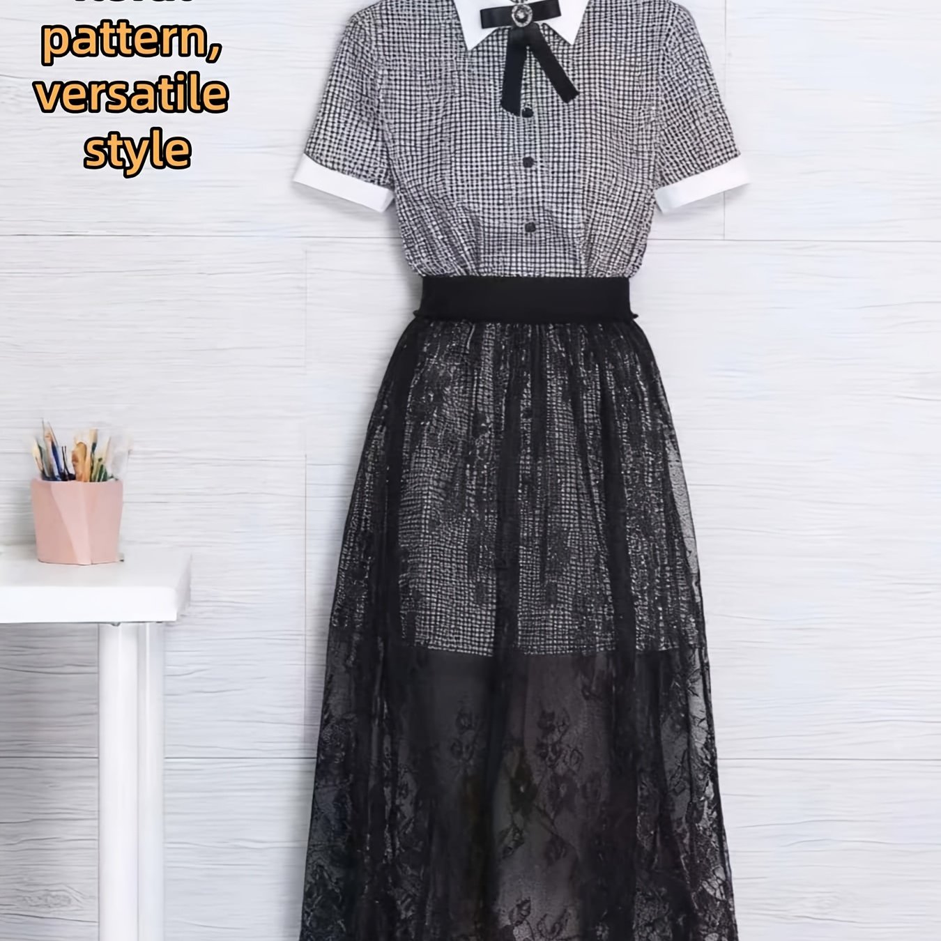 TEMU Spodnica typu A z wysokim stanem, z koronkowym, ażurowym wzorem w stylu koreańskim i japońskim, midi, z siateczki, elegancka, nowy styl