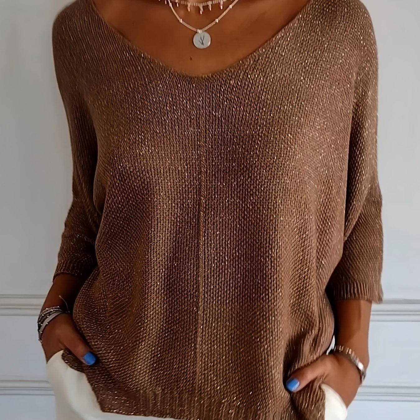 TEMU Jednokolorowy Sweter z Dekoltem w Serek i Marszczeniami dla Kobiet, Sweter Typu Pullover na Co Dzień