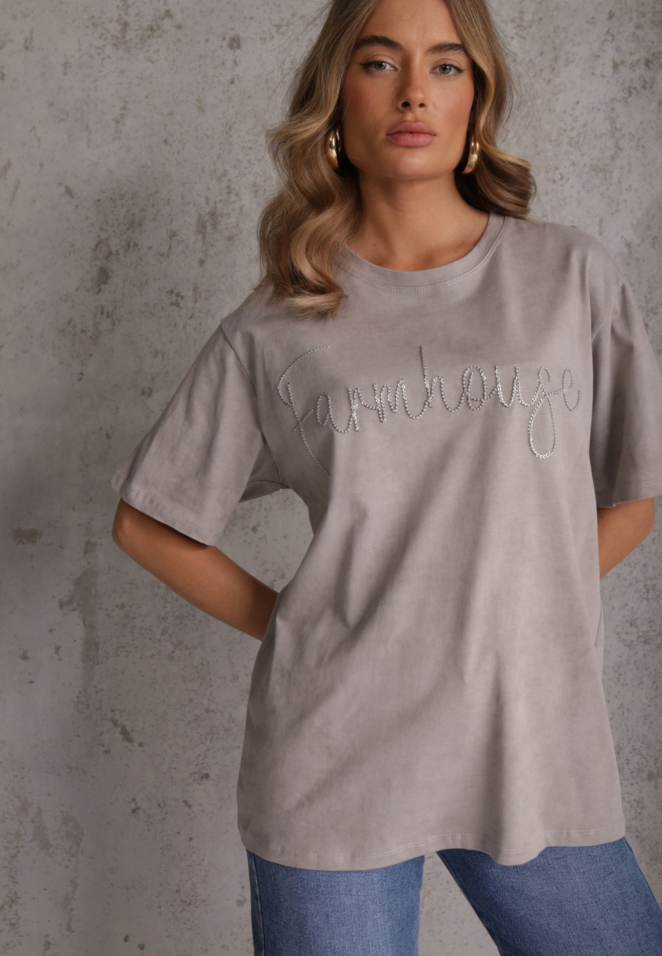 Szary Oversizowy T-shirt z Bawełny Zdobiony Haftem z Cekinami Marivia