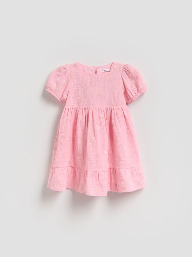 Reserved - Muślinowa sukienka z haftem - pastelowy róż