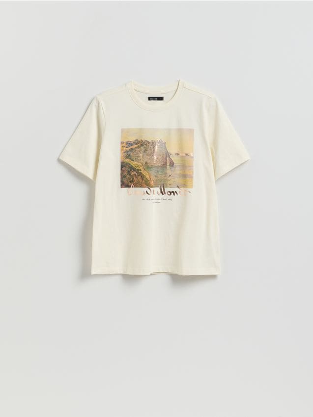 Reserved - T-shirt z połyskującym nadrukiem - złamana biel