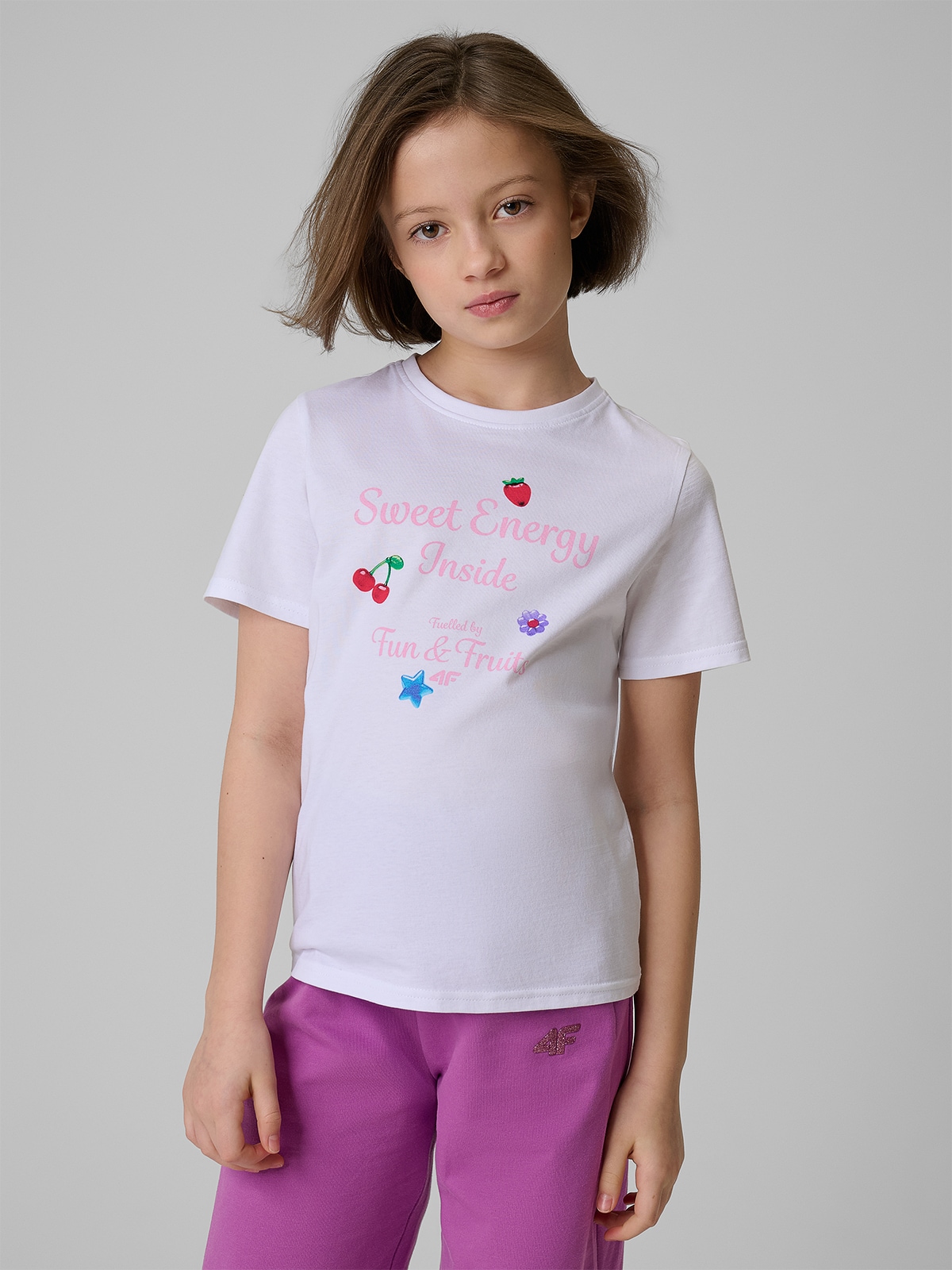 4F T-shirt regular z nadrukiem dziewczęcy - biały 164 (13-14 lat)
