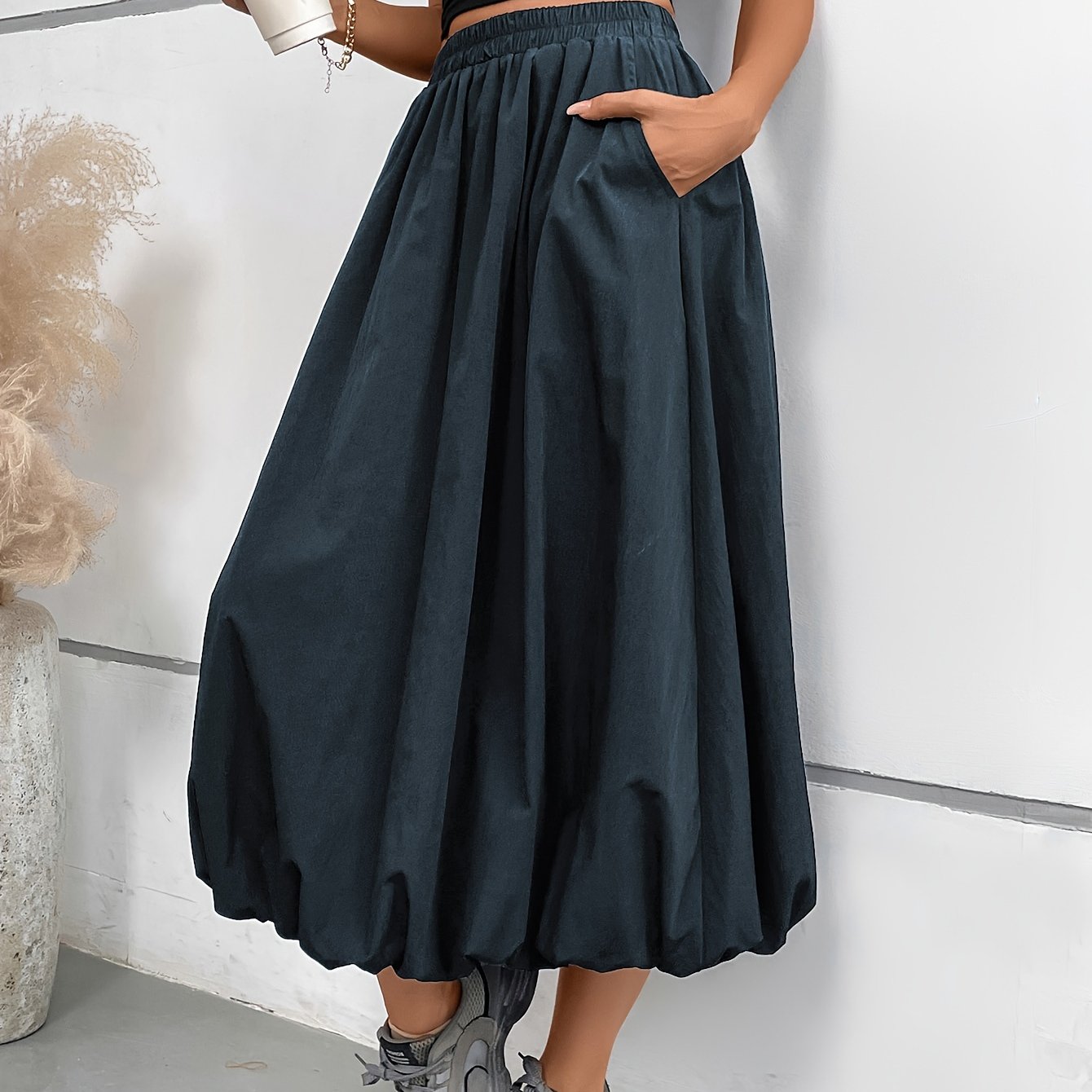 TEMU Spódnica z Pąkami Kwiatów, Elastyczny Pas, Podwójne Kieszenie, Damska Półspódnica