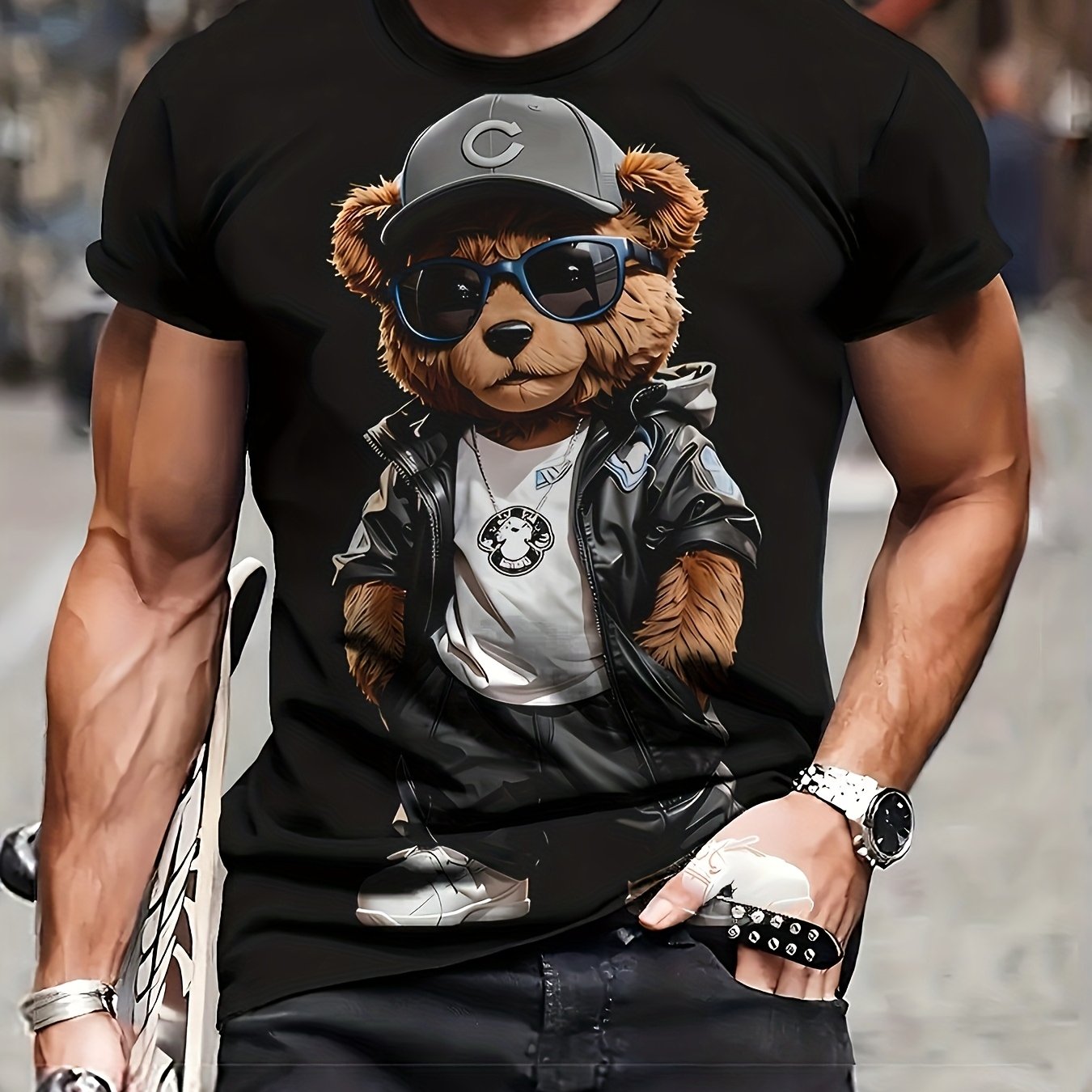 TEMU Męska Koszulka z Zabawnym Nadrukiem Misia w Okularach – Miękka, Oddychająca, Casualowa Koszulka Uliczna, Krótki Rękaw, Okrągły Dekolt, Letni