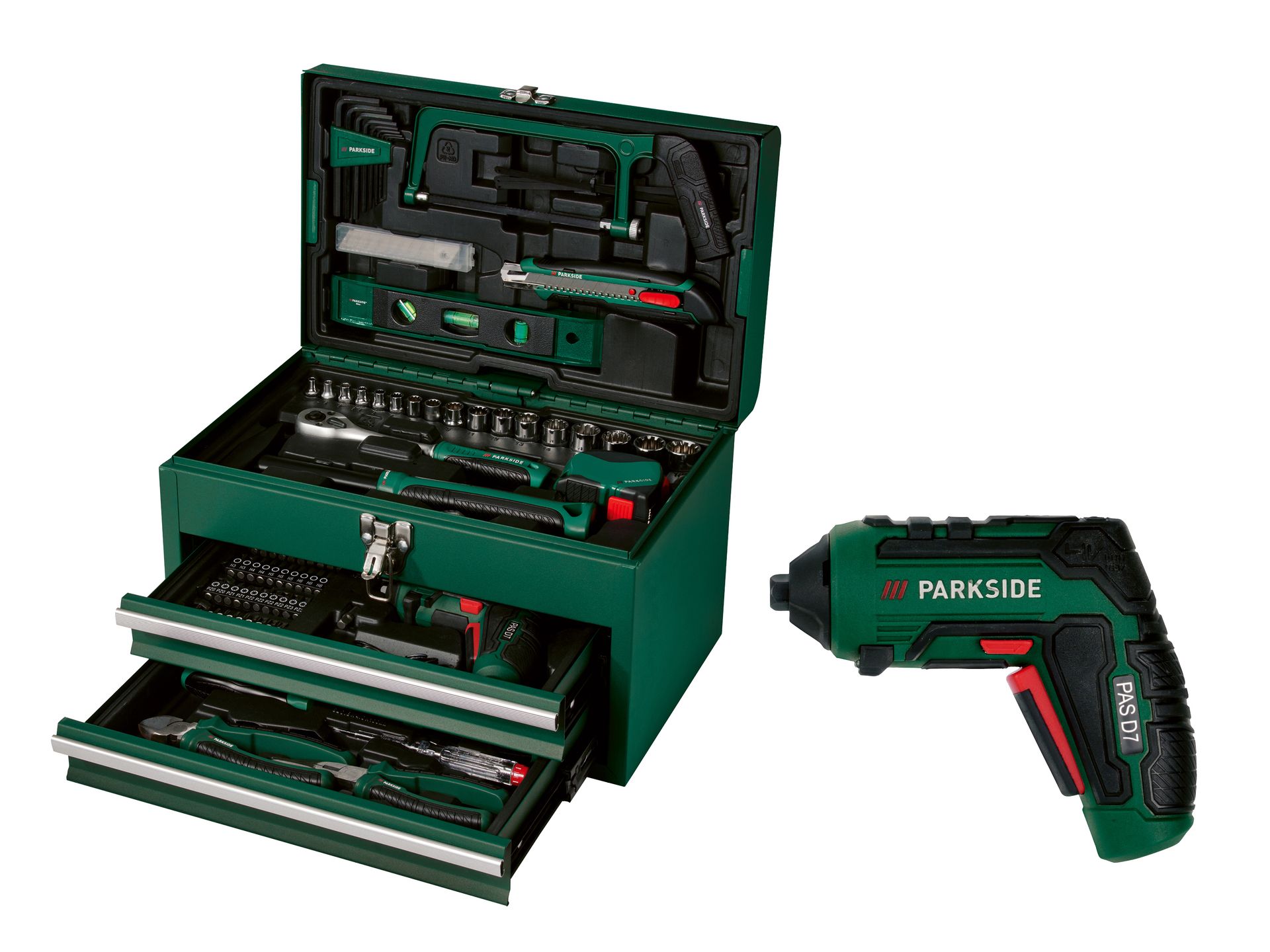 PARKSIDE® Skrzynka narzędziowa z wkrętarką 4V, 92 elementy