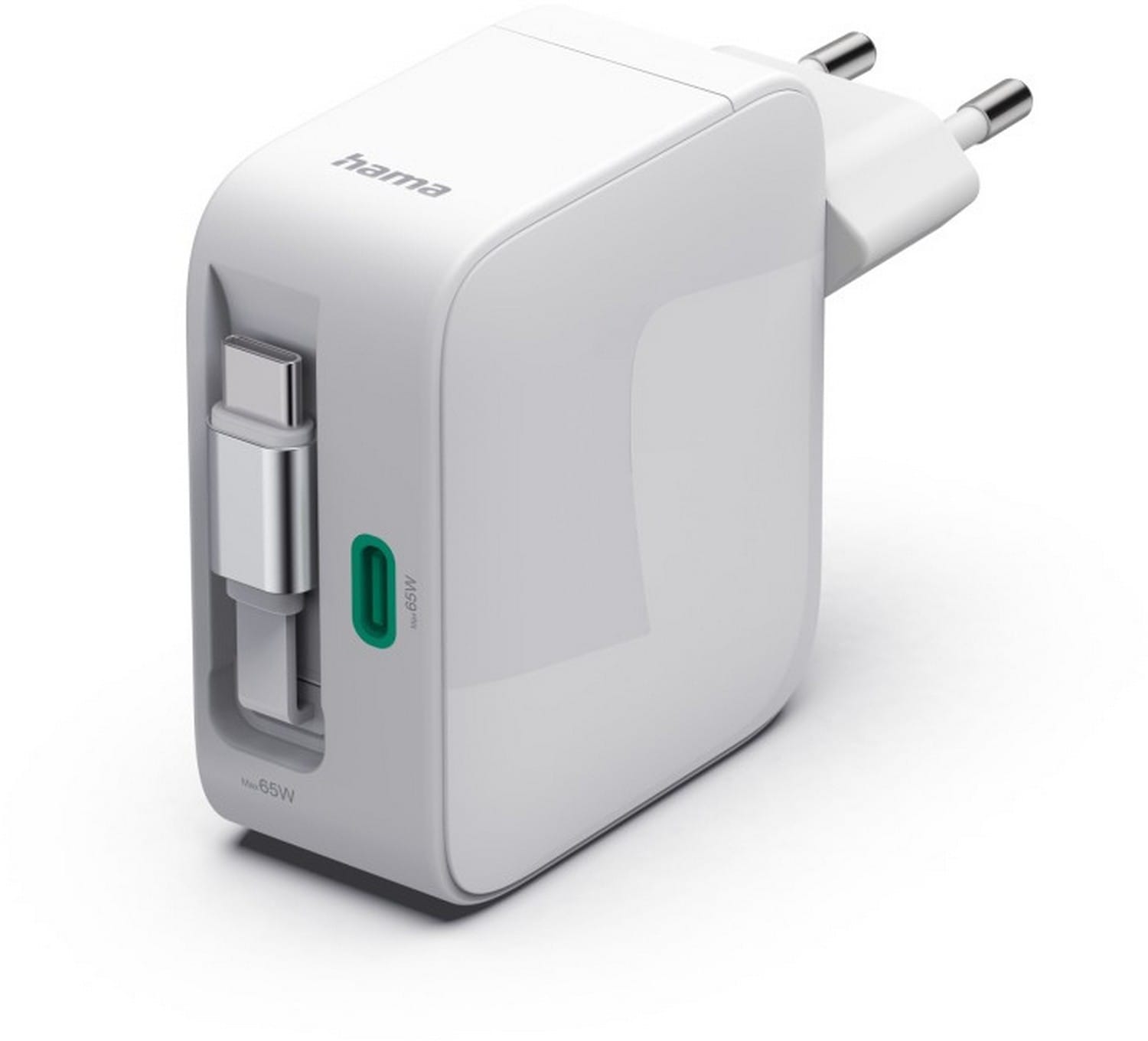 Hama GaN 65W PD/QC z zwijanym kablem, 2x USB-C, biały
