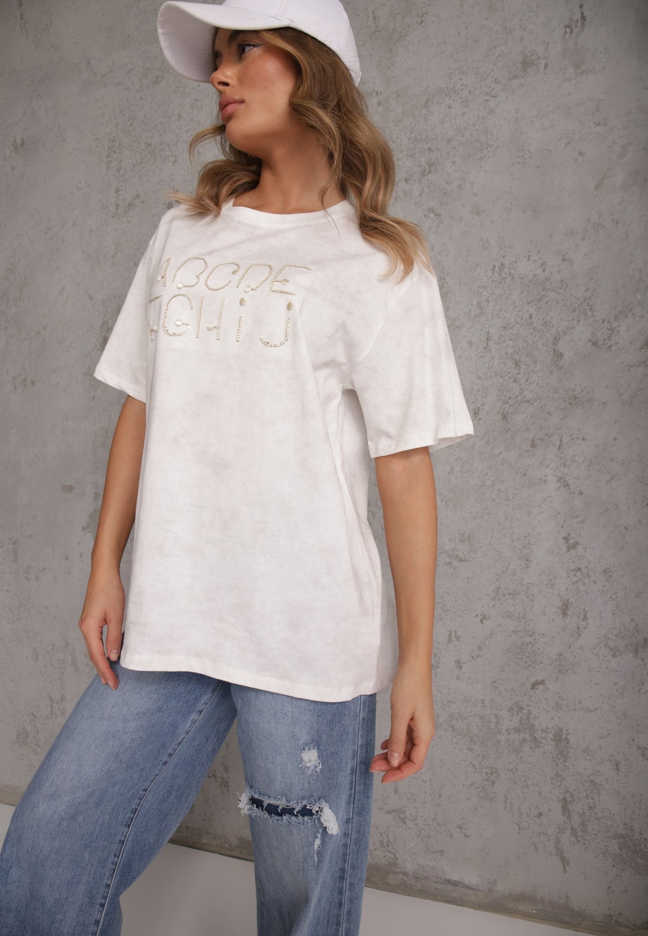 Biały Bawełniany T-shirt Oversize z Haftowanym Napisem z Cekinami Talomora