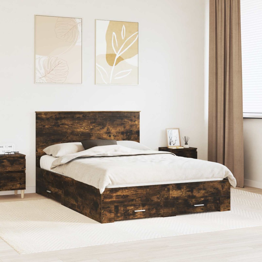 VidaXL Ramka łóżka Dąb wędzony 135 x 190 cm Materiał drewnopochodny