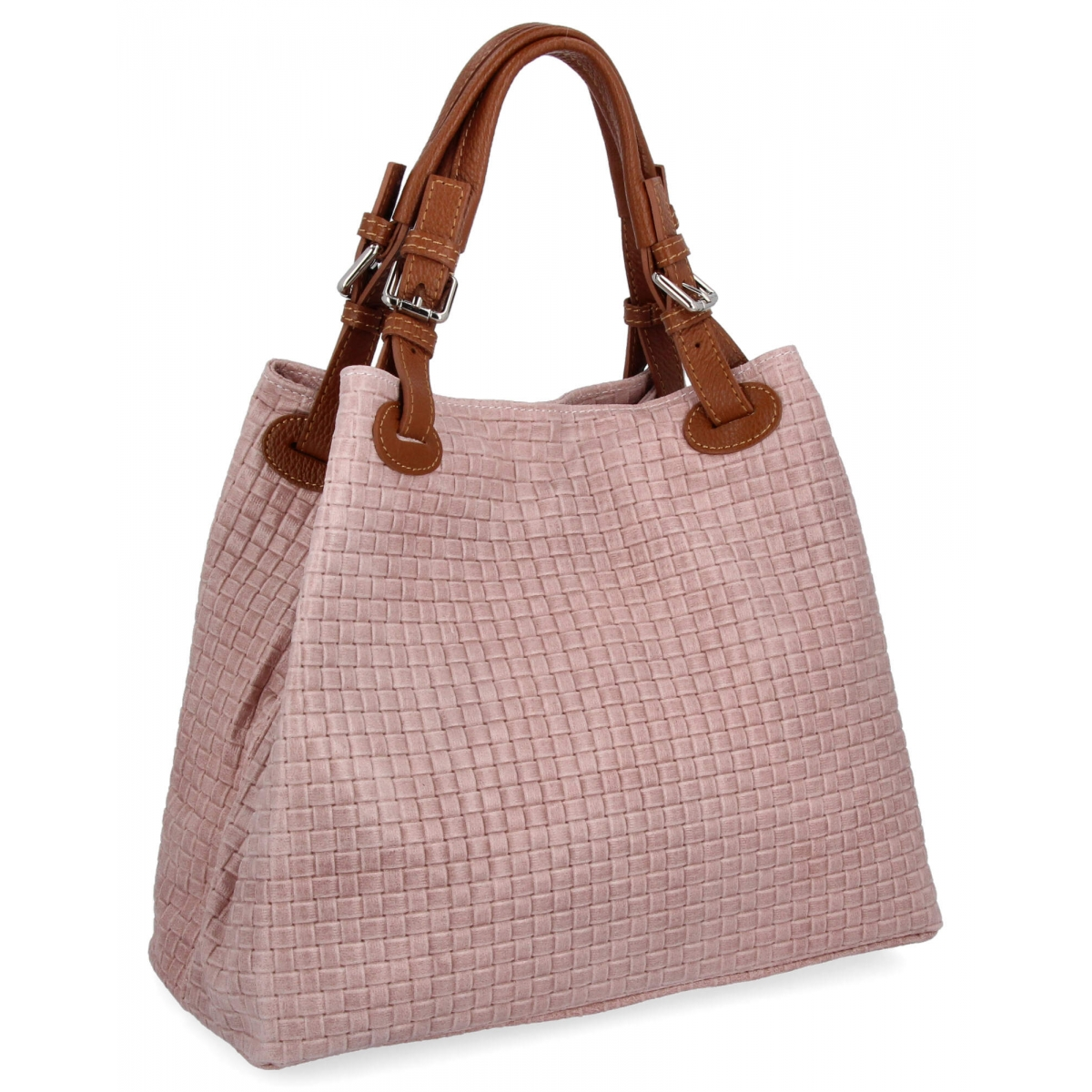 Modna Torebka Skórzana Shopper Bag 2269-J Pudrowy Róż
