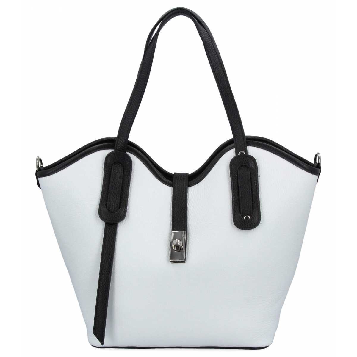 Włoska Torebka Skórzana Shopper Bag z Kosmetyczką 631 Biała/Czarna