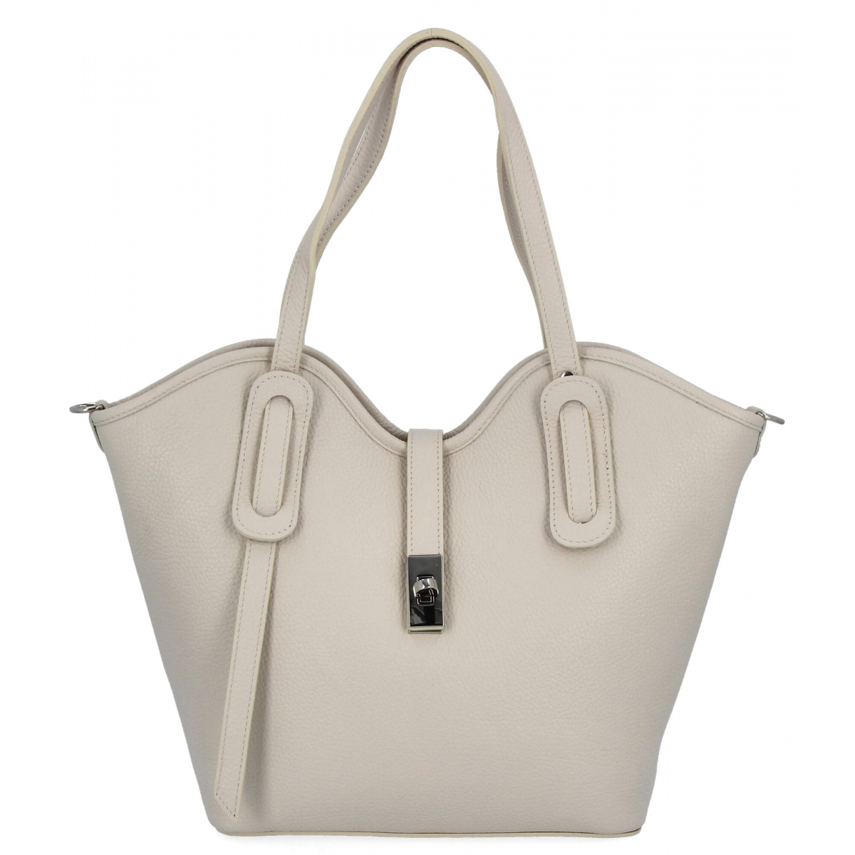 Włoska Torebka Skórzana Shopper Bag z Kosmetyczką 631 Beżowa