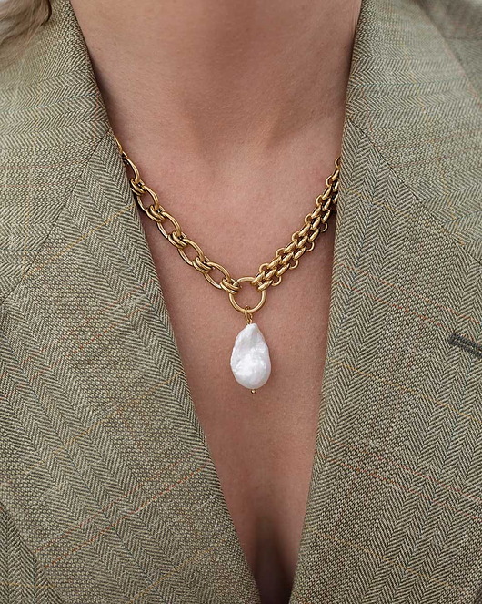 Złoty naszyjnik łańcuch z perłą barokową ze stali chirurgicznej