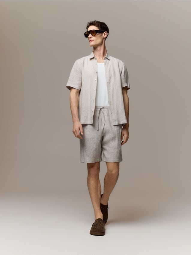 Reserved - Lniana koszula slim fit - beżowy