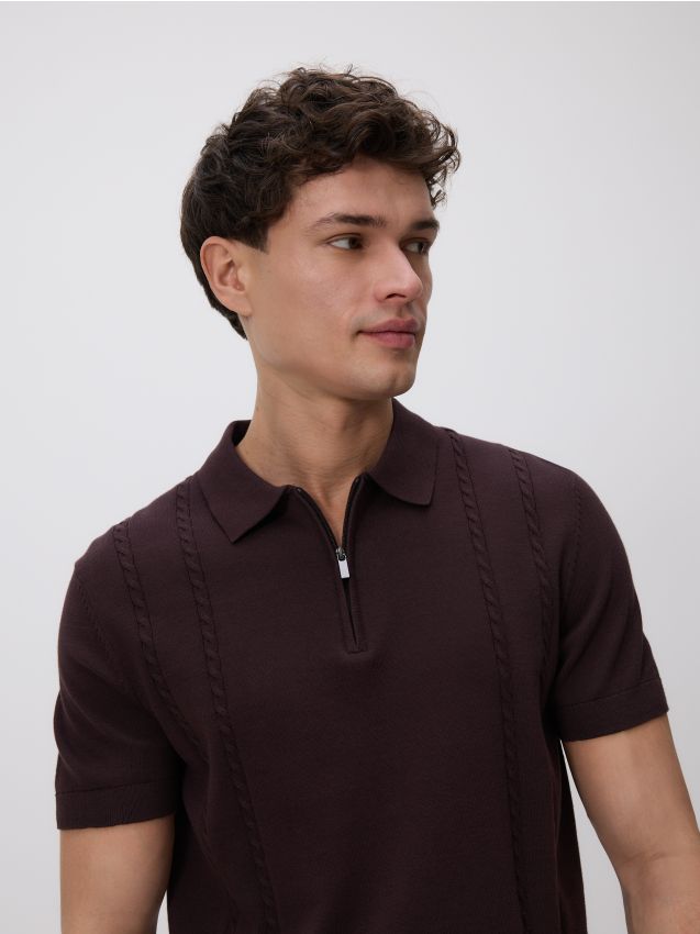 Reserved - Bawełniany sweter polo - ciemnobrązowy