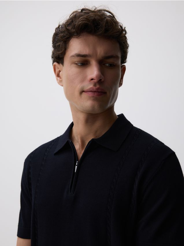 Reserved - Bawełniany sweter polo - czarny