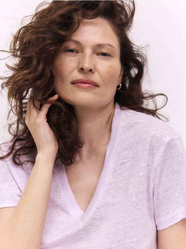 Reserved - Lniany t-shirt - lawendowy