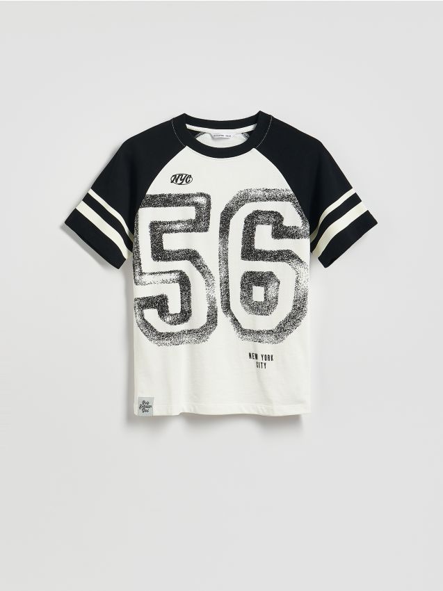 Reserved - Bawełniany t-shirt z nadrukiem - złamana biel