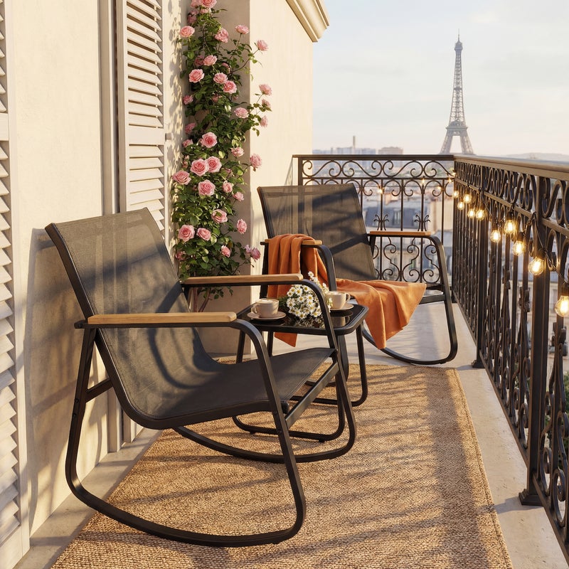 Zestaw Balkonowy 3 Części Czarny – Fotele Bujane Z Textilenu Antypoślizgowe – Stół Ze Szkła Hartowanego – Na Taras I Ogród