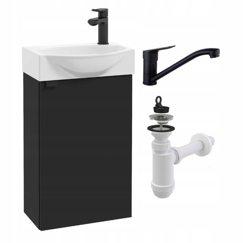 Szafka do Łazienki Wisząca 40 x 22 cm z Umywalką Czarna Mat Bateria Obrotowa