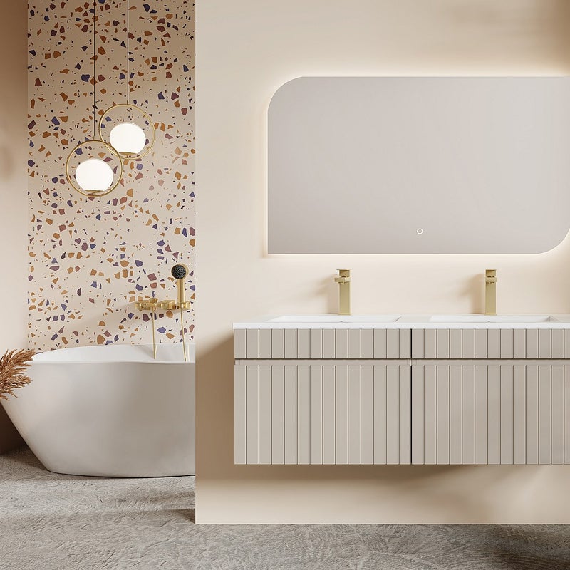 Wisząca szafka łazienkowa prążkowana beżowa z umywalką podblatową do zabudowy - 120 cm - SATARA