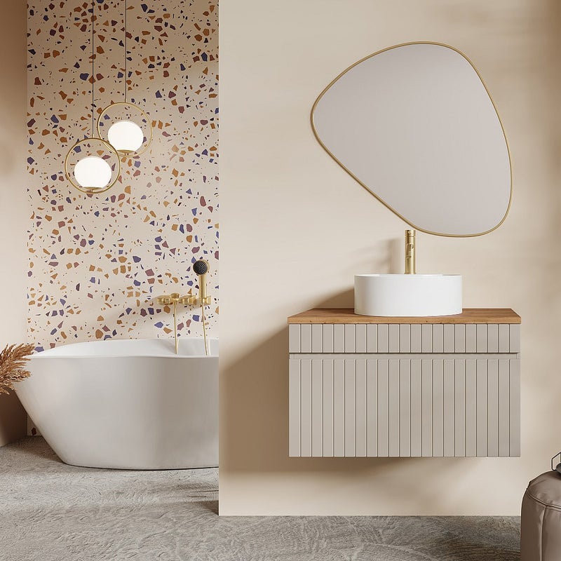 Wisząca szafka łazienkowa prążkowana beżowa z umywalką nablatową okrągłą – 80 cm – SATARA