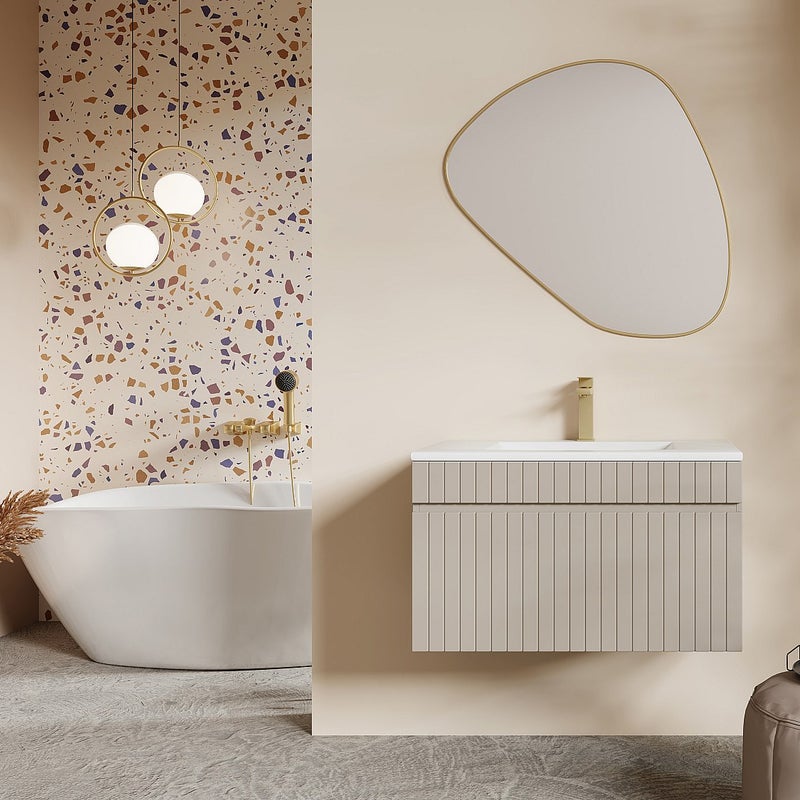 Wisząca szafka podumywalkowa prążkowana beżowa - 80 cm - SATARA