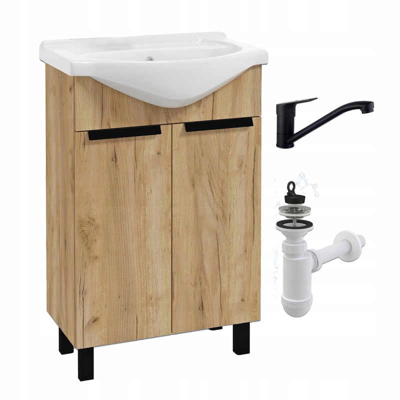 Szafka Łazienkowa Stojąca Dąb Craft Złoty Mat z Umywalką 50 Bateria Obrotowa