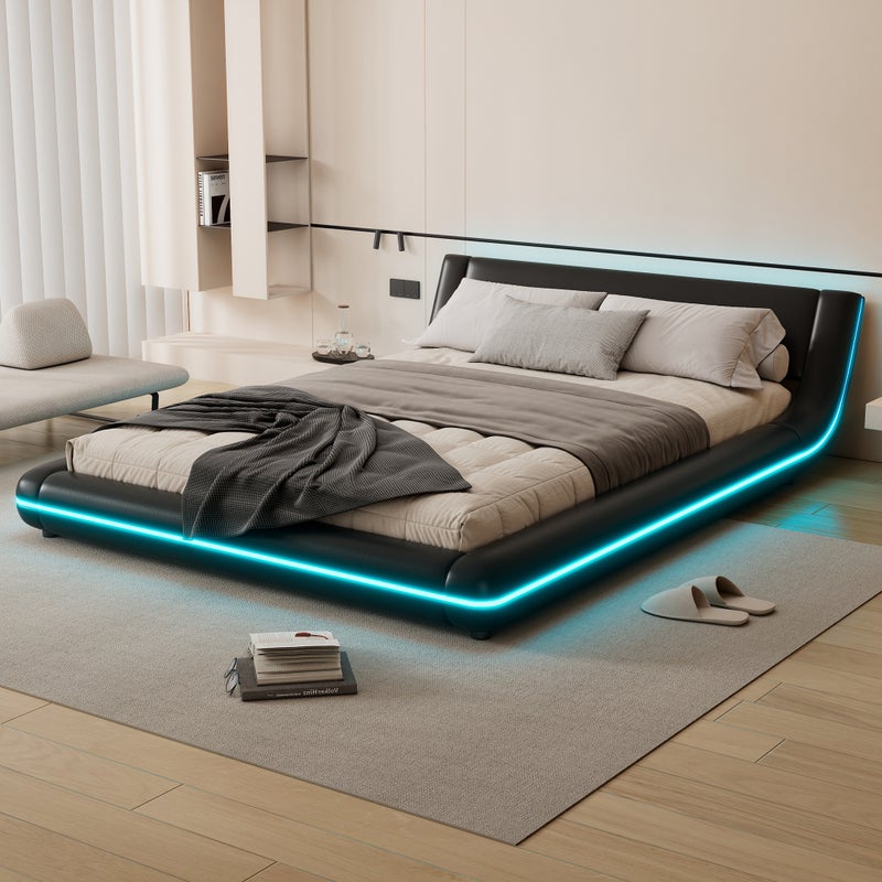 Łóżko Platformowe 140x200cm z Oświetleniem LED i Tapicerką PU Czarny - Nowoczesny Design