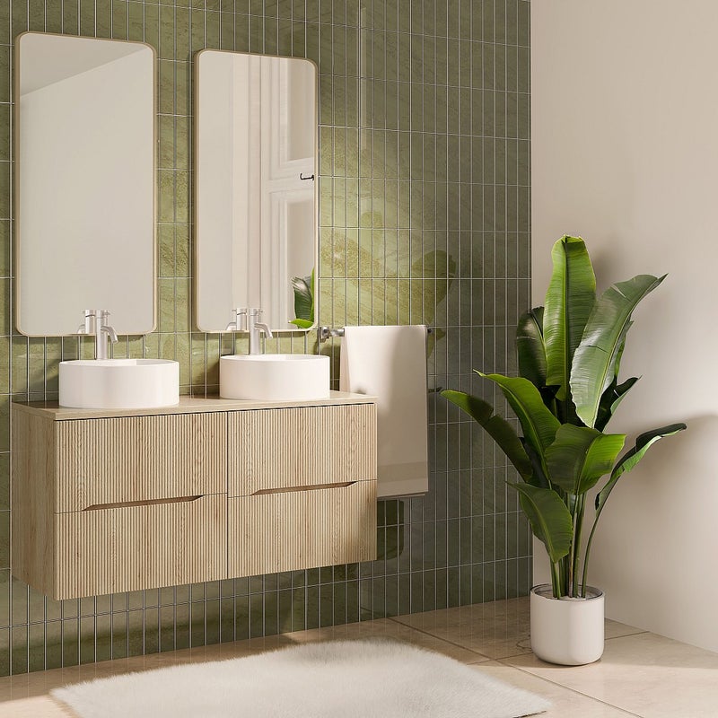 Szafka łazienkowa wisząca prążkowana z okrągłą umywalką nablatową – Jasny naturalny – 120 cm – ORISO