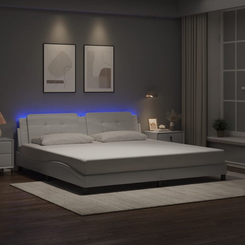 Łóżko Tapicerowane Białe Ekoskóra Rama Łóżka Ze Stelażem LED 200x200 cm