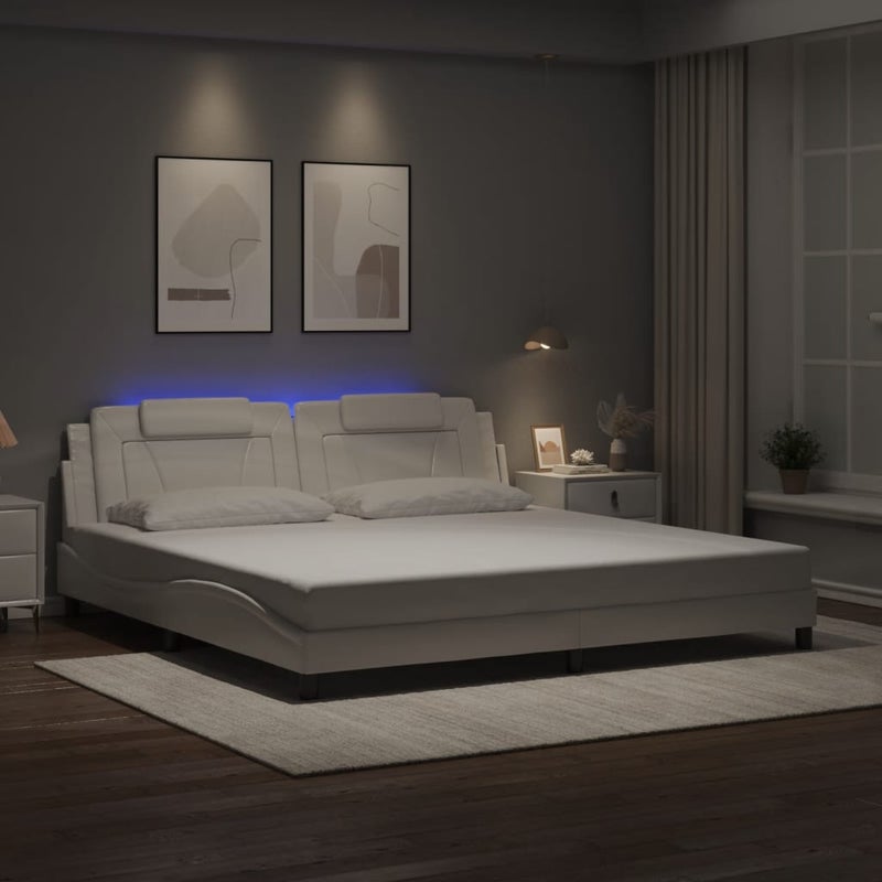 Łóżko Tapicerowane Białe Ekoskóra Rama Łóżka Ze Stelażem LED 200x200 cm