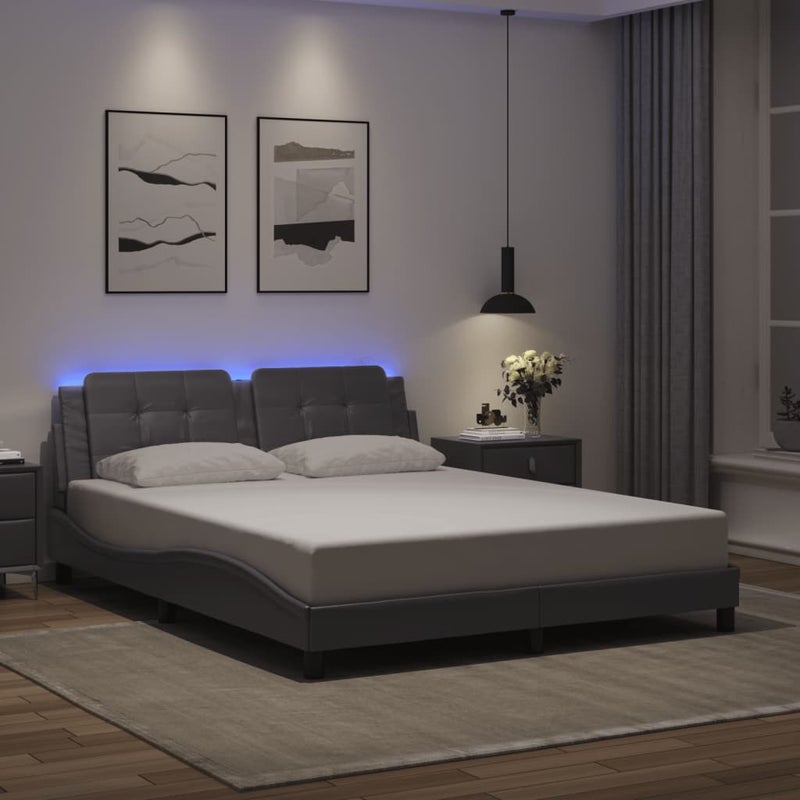 Łóżko tapicerowane rama łóżka ze stelażem szara skóra led 160x200 cm