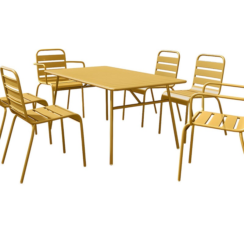 Zestaw mebli jadalnianych ogrodowych z metalu - stół o dł. 160 cm z 2 sztaplowanymi fotelami i 4 sztaplowanymi krzesłami - Żółty musztardowy - MIRMAND